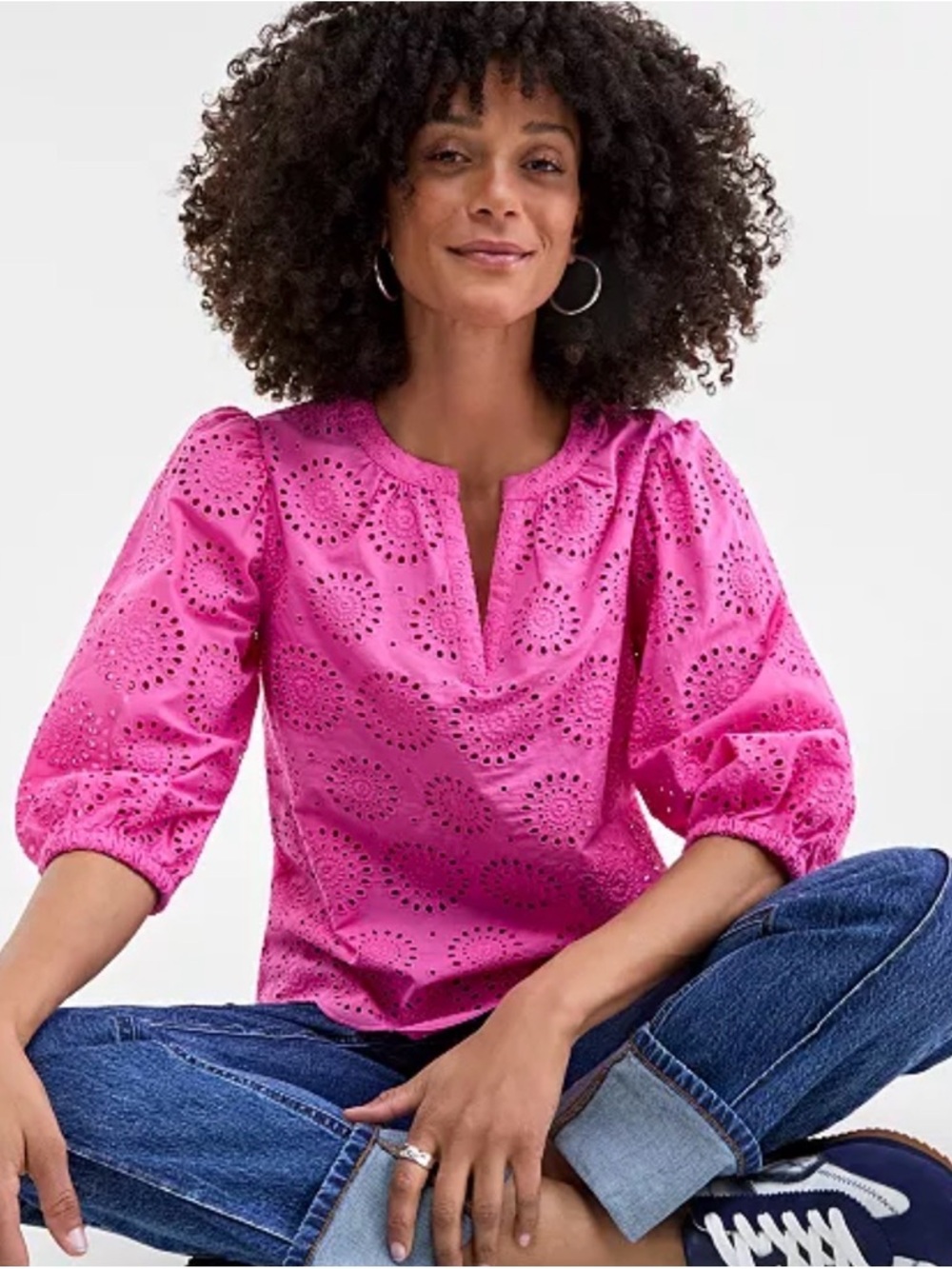On 34th Women's Solid Eyelet Puff-Sleeve Blouse size S